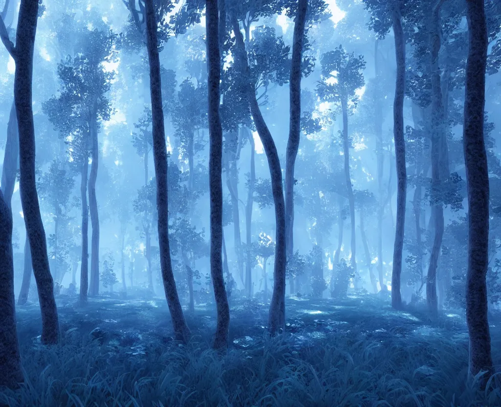 Prompt: blue forest, glowing, unreal engine 5, raytracing, hyperreal, digital art, highly detailed, artstation