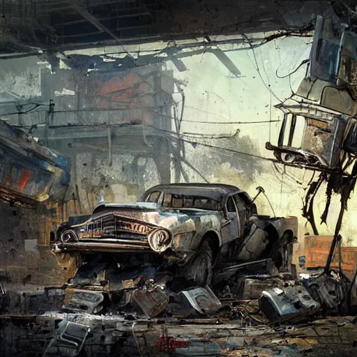 Prompt: Broken down transformer in a old junkyard, Illustration, By Greg Rutkowski