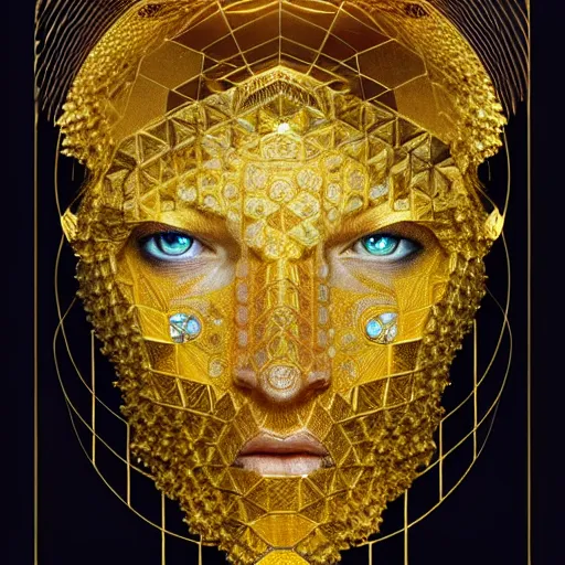 Image similar to halfturn portrait of a big crystal face, fully made of golden crystals, half - turn, bottom view, ominous, intricate, architectural, geometrical, art by anthony macbain + greg rutkowski + alphonse mucha, concept art, 4 k, sharp focus