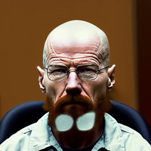 Image similar to walter white with a rough beard, wearing an oxygen mask, sitting in a wheelchair in a courtroom on trial.