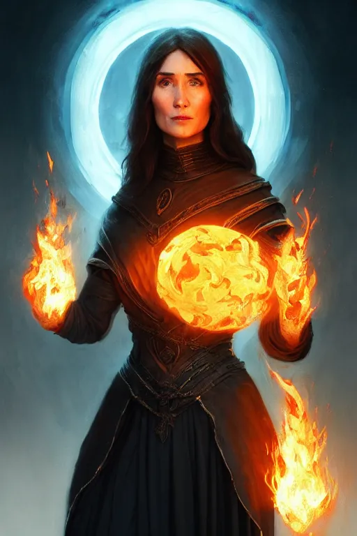 Image similar to carice van houten as a fire priest, only two hands, highly detailed, digital painting, artstation, concept art, smooth, sharp focus, illustration, unreal engine 5, 8 k, art by art by artgerm and greg rutkowski and edgar maxence