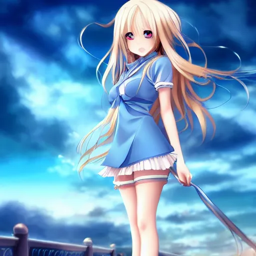 Image similar to a very beautiful anime cute girl, full body, long wavy blond hair, sky blue eyes, full round face, short smile, fancy top, miniskirt, front view, medium shot, mid-shot, highly detailed, cinematic wallpaper by Stanley Artgerm Lau