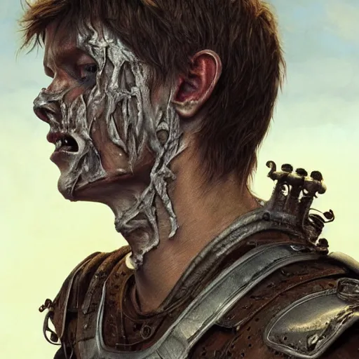 Image similar to portrait painting of a bitter young man with severe burn scars on his face and poorly cut very short hair wearing tattered leather armor, ultra realistic, concept art, intricate details, eerie, highly detailed, photorealistic, octane render, 8 k, unreal engine. art by artgerm and greg rutkowski and charlie bowater and magali villeneuve and alphonse mucha