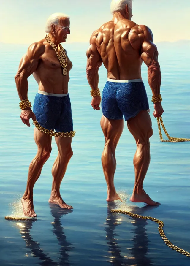 Image similar to super muscular joe biden wearing cycling shorts and gold chains walking on water, elegant, real life skin, intricate, high detailed, artstation, concept art, smooth, sharp focus, art by artgerm and greg rutkowski