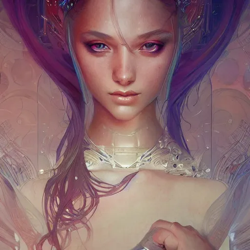 Image similar to beautiful android girl, fantasy, intricate, elegant, highly detailed, digital painting, artstation, concept art, wallpaper, smooth, sharp focus, illustration, art by artgerm and greg rutkowski and alphonse mucha