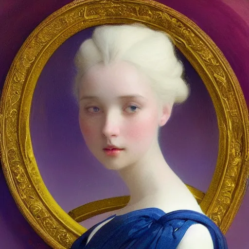 Image similar to a young woman's face, her hair is white and she wears an indigo purple satin cloak, by ivan aivazovsky and syd mead and moebius and gaston bussiere and roger dean and pieter claesz and paul delaroche and alma tadema and aelbert cuyp and willem claesz, hyperrealistic, volumetric light, octane render