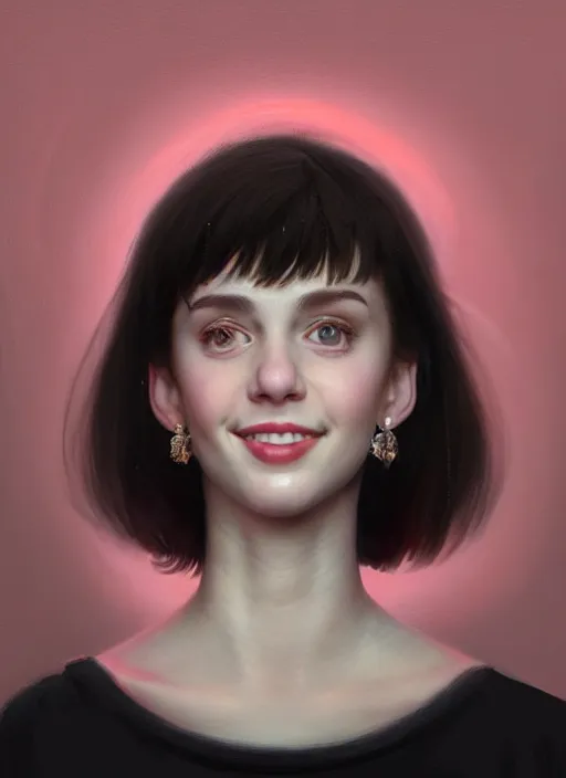 Image similar to portrait of white teenage girl, narrow face, short black hair, bangs, half updo hairstyle, buck teeth, smile, unattractive, defined jawline, long chin, wearing hair bow, earrings, intricate, elegant, glowing lights, highly detailed, digital painting, artstation, sharp focus, illustration, art by wlop, mars ravelo and greg rutkowski