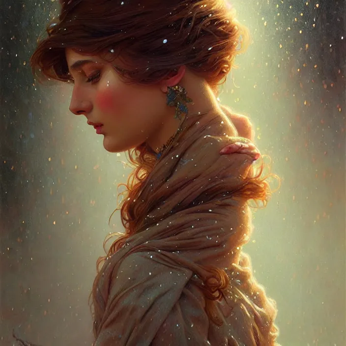 Image similar to psychedelic snowfall Emily Ratajkowski, diffuse lighting, fantasy, intricate, elegant, highly detailed, lifelike, photorealistic, digital painting, artstation, illustration, concept art, smooth, sharp focus, art by John Collier and Albert Aublet and Krenz Cushart and Artem Demura and Alphonse Mucha