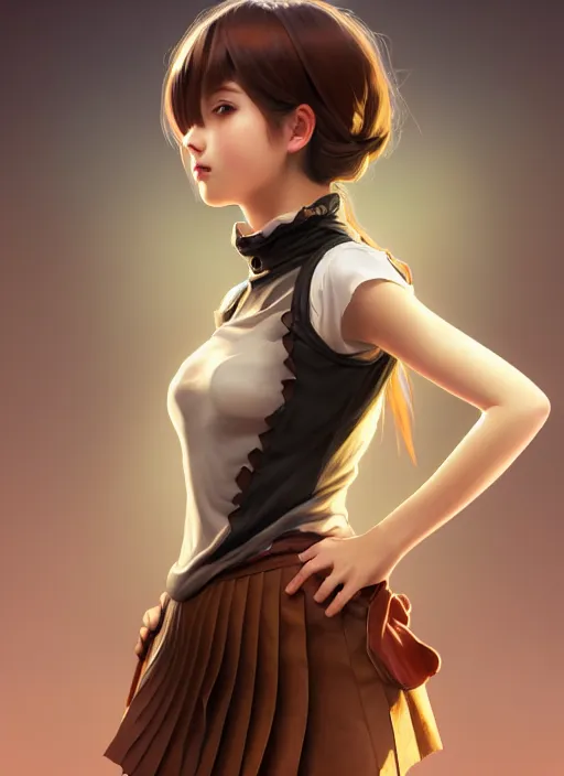 Image similar to portrait of a full body of beautiful young female detective, d & d, sleeveless turtleneck, pleated skirt, fantasy, flat lighting, intricate, highly detailed, digital painting, artstation, concept art, smooth, sharp focus, illustration, misa amane, art by simon bisley and greg rutkowski and alphonse mucha, natural tpose