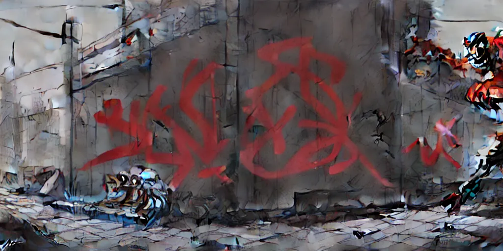 Prompt: graffiti in the style of ian mcque, brian sum, jamie hewlett, battlescared, damaged, hyperrealism, hyperrealistic, redshift render, hard surface modeling,