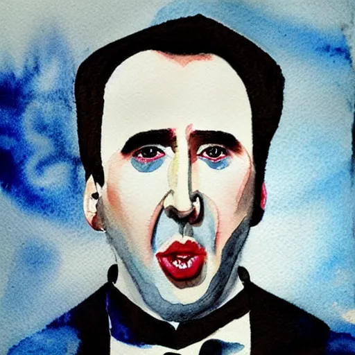 Image similar to watercolor portrait of nicolas cage as count dracula, detailed, centered, duotone