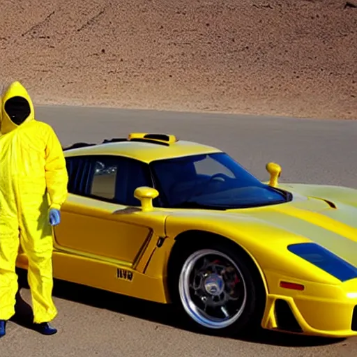Image similar to a man wearing a yellow hazmat suit, next to a saleen s7 in the desert, directed by Alan resnick