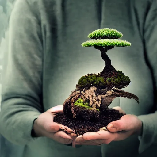 Image similar to A picture of a planet of various flowers, fungus and plants, Bonsai , in which the human figure is dressed in something magical and impressive, inside the picture is infinity, muted light, BotanicalAtmospheric phenomenon, artistic photography, muted colors, conceptual, Kodachrome