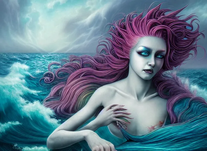 Prompt: realistic detailed image of a mermaid with rainbow hair swimming in an angry, stormy sea, anime art, anime, inspired by Mark Ryden and Zdzislaw Beksinski and Zdzislaw Beksinski, gothic, rich deep colors. A masterpiece.