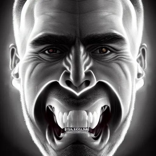 Prompt: x-ray scan of Beautiful face of very manly Gigachad with very big jaws, big eyebrows, smile like trollface jaw tilted on side, painting on grey scale face, powerful , magic, thunders, dramatic lighting, intricate, wild, highly detailed, digital painting, artstation, concept art, smooth, sharp focus, illustration, art by artgerm and greg rutkowski and alphonse mucha, footage