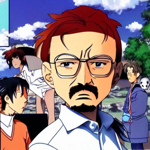 Prompt: a still of a 90s anime, with walter white