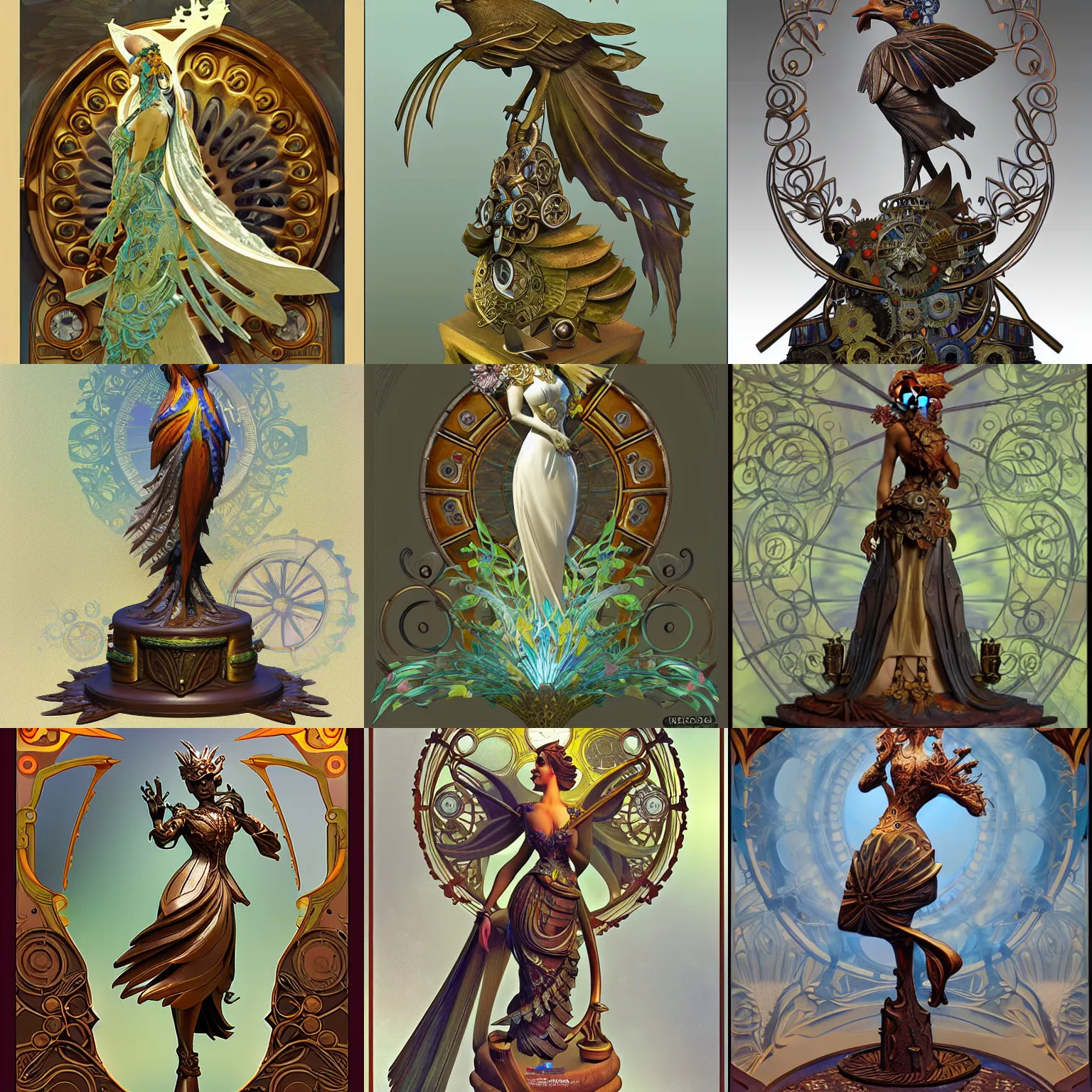 Prompt: concept art, filigre bird statue. detailed, elegant high quality, dynamic lighting, kaladesh, steampunk, cogs, fantasy. artwork by craig j spearing, greg rutknowski, alphonse mucha