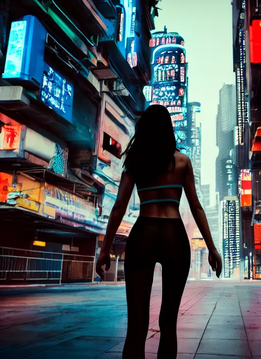 Image similar to beautiful photo of a beautiful woman walking through a ( ( ( cyberpunk city ) ) ), full body, hyper realistic, 8 k, dslr, 3 mm, highly detailed photograph