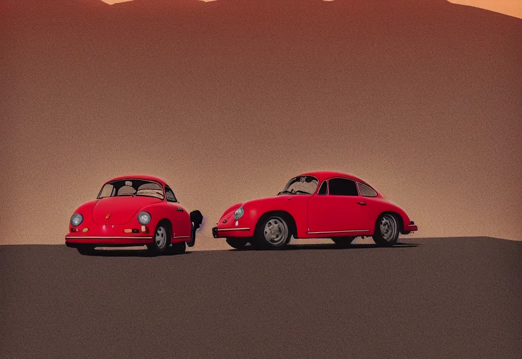 Prompt: “a single red porsche 356 is parked in the middle of the desert, a matte painting by Scarlett Hooft Graafland, featured on unsplash, australian tonalism, anamorphic lens flare, cinematic lighting, rendered in unreal engine”