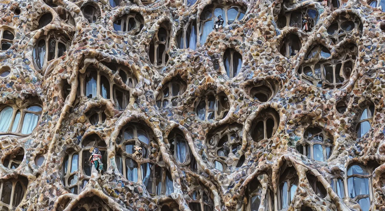 Image similar to “a woman by Gaudí is a incredibile building like an sculpture, hyperdetailed photorealism”