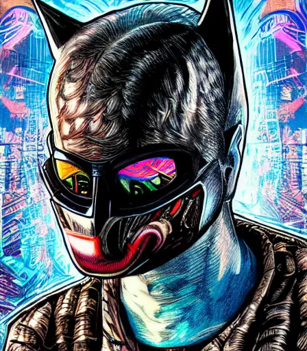 Prompt: hyper detailed comic illustration of a cyberpunk batman wearing a futuristic sunglasses and a gorpcore jacket, markings on his face, by Android Jones intricate details, vibrant, solid background, low angle fish eye lens