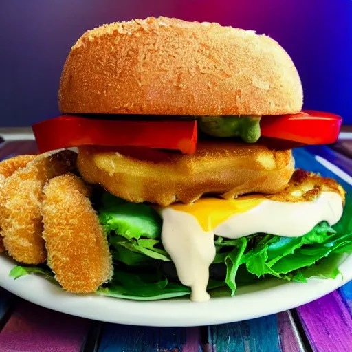 Image similar to one sandwich with fried tofu, one red tomato slice, mayonnaise, one fried onion ring, avocado, melted cheddar, over a red dish that is on a table, with a sunset and rainbow in the background with saturn and stars in the sky