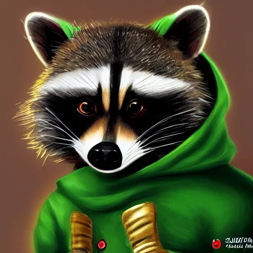 Image similar to a raccoon in a green, hooded rouge outfit with gold accents holding dagger made of fire, trending on art station