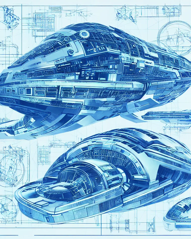 Prompt: futuristic space station, detailed blueprint and schematic with text and illustrated zoomed - in snippets, white paper, glorious intricate detailed superb, pristine clean design, center frame, concept art, with highly detailed blueprints and text, black ink outlines, blue shading marker concept art style rendering