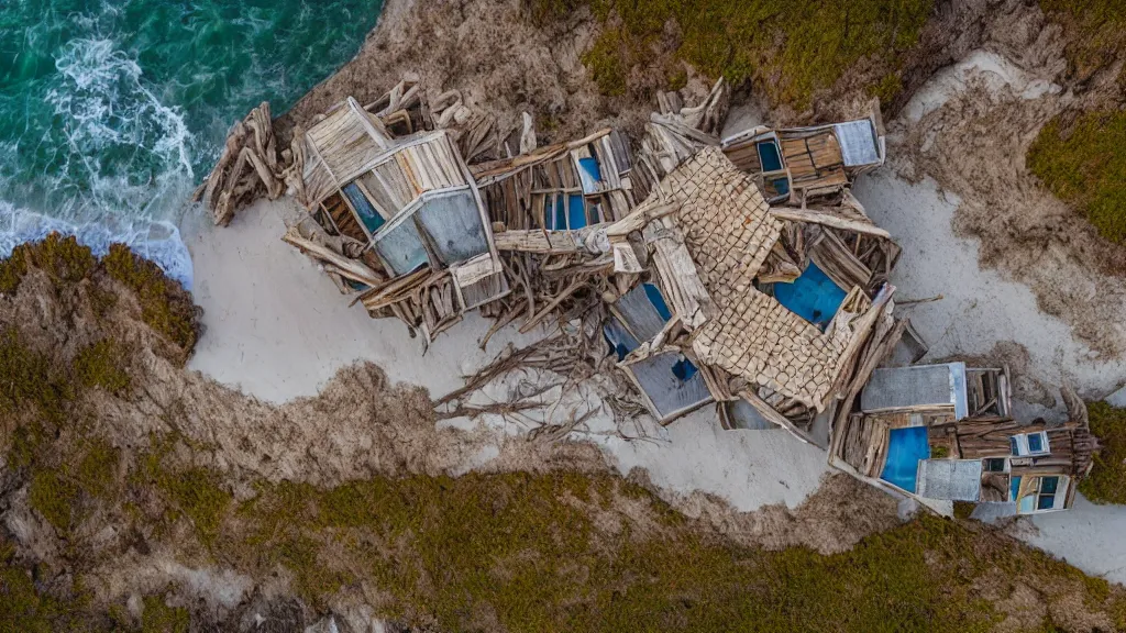 Prompt: aerial architectural photography of a house made of driftwood, natural and organic and flowing, on the coast, wide angle, shot from a low angle, great lighting, cinematic.