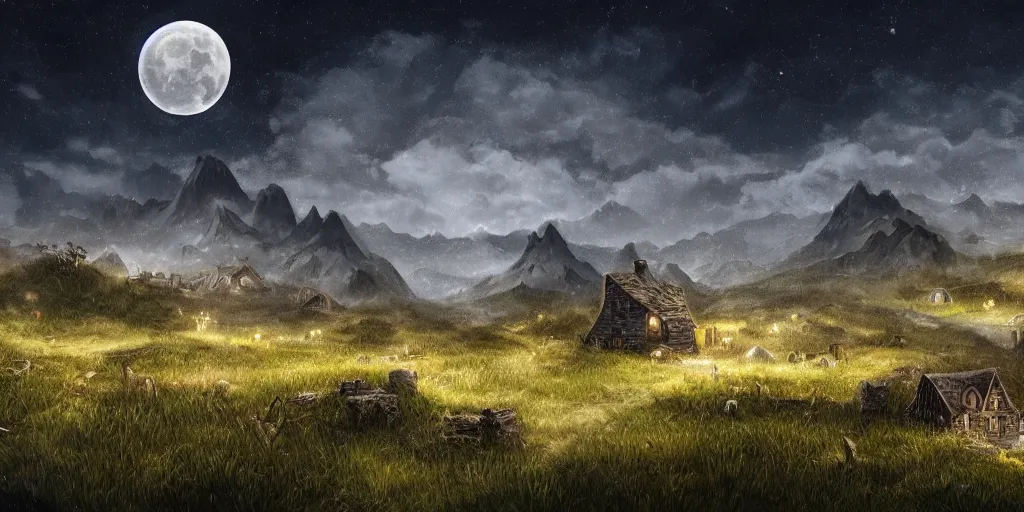 Prompt: Skeleton infested fields with large mountains in the distance, small cottage in the foreground, nighttime, moon in the night sky, landscape wallpaper, d&d art, fantasy, painted, 4k, high detail, sharp focus