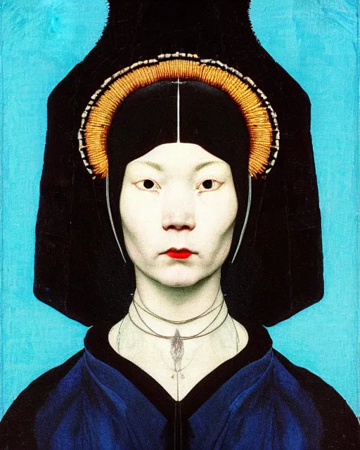 Prompt: symmetrical close - up portrait of a woman face with blue frizzy hair, wearing a embroidered black mask by alexander mcqueen, bjork aesthetic, masterpiece, in the style of rogier van der weyden and jacopo da pontormo, cyberpunk, asian art