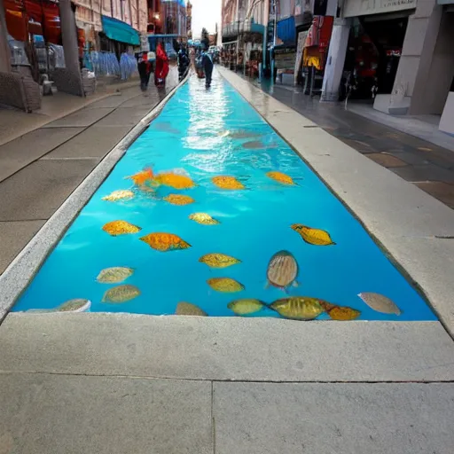 Image similar to a liquid sidewalk with a group of fish swimming inside it