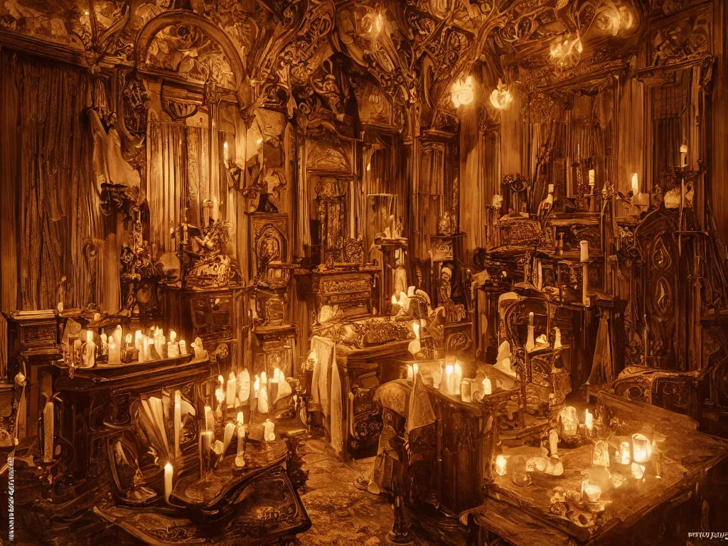 Image similar to hyper realistic photo of an occult art nouveau room interior, old furnitures, altar, candles, gloomy volumetric lights