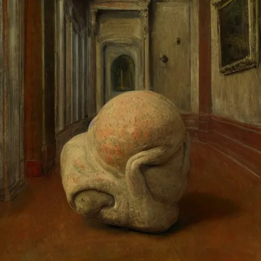 Prompt: a sculpture of a misshapen teratoma in dim light in a museum room painting by edward hooper and james ensor