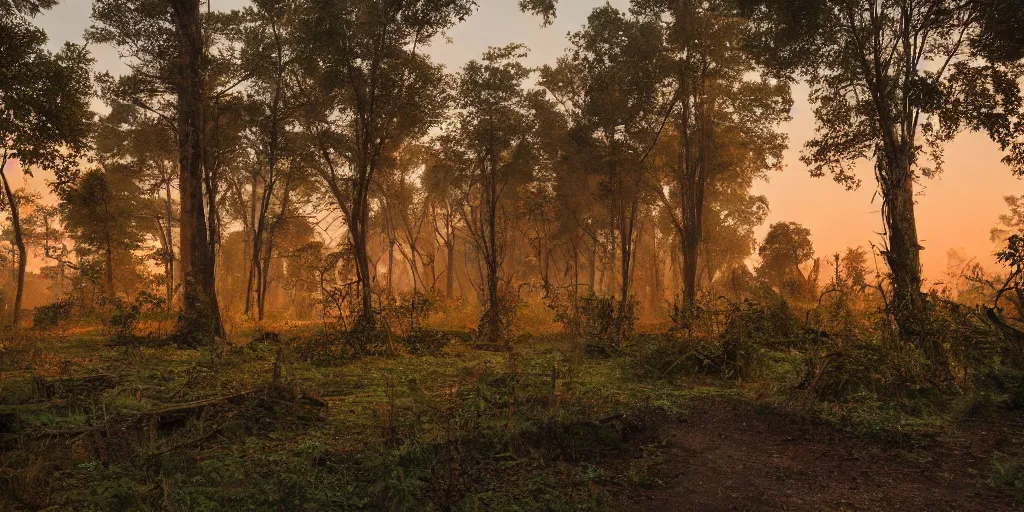 Prompt: an abandoned forest village in dnd at dusk