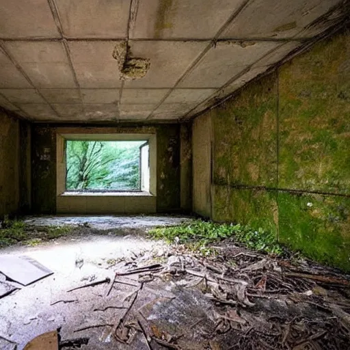Prompt: abandoned, overgrown, underground bunker, waterfall room