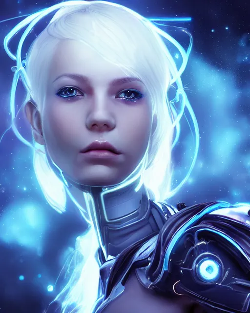 Image similar to perfect android girl on a mothership, warframe armor, beautiful face, scifi, futuristic, galaxy, nebula, raytracing, dreamy, long white hair, blue cyborg eyes, sharp focus, cinematic lighting, highly detailed, artstation, divine, by gauthier leblanc, kazuya takahashi, huifeng huang