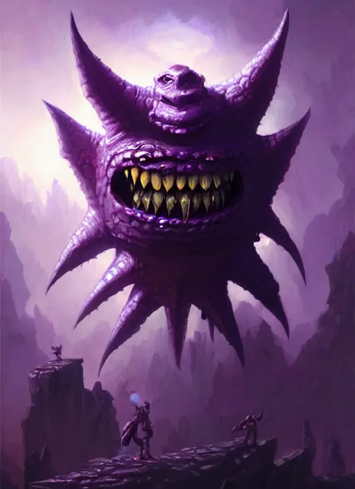 Prompt: purple one - eyed beholder dnd, fantasy oil _ painting _ unreal _ 5 _ daz. _ rpg _ extremely _ detailed _ artgerm _ greg rutkowski