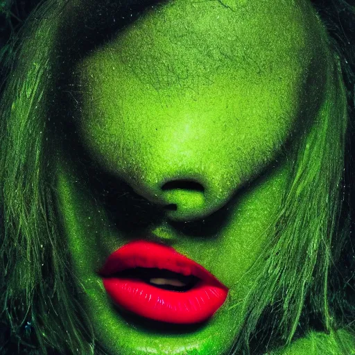 Image similar to medium shot open human mouth with thick viscous green slime oozing out, thick red lips, human staring blankly ahead, melancholy, unsettling, art house film aesthetic, color grain 3 5 mm, hyperrealism, 8 k, high detail, sharp focus, masterpiece, moma, contemporary art, photography