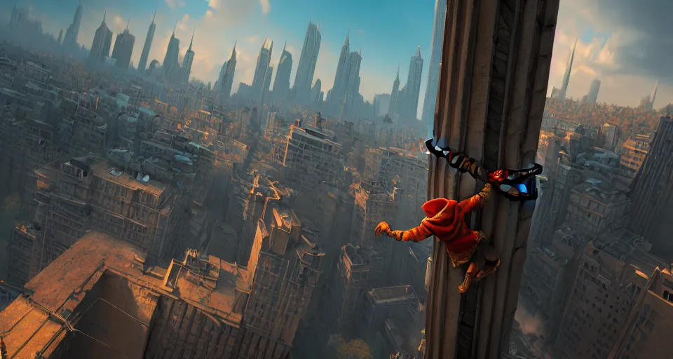 Image similar to an epic fantasy comic book style landscape painting of a hooded thief climbing a tall building with a city using a rope, unreal 5, daz, hyperrealistic, octane render, dynamic lighting