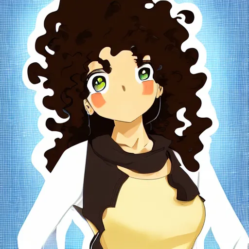 Image similar to A brown skinned woman with black curly hair as an anime character, highly detailed, anime