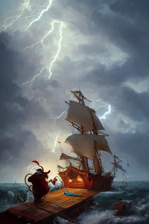 Image similar to mid shot portrait of an obese fat pirate with two peglegs and two hook hands steering a wooden galleon through a rain and lightning storm. view from on deck, sails and masts and rigging, detailed dynamic light painting by peter mohrbacher