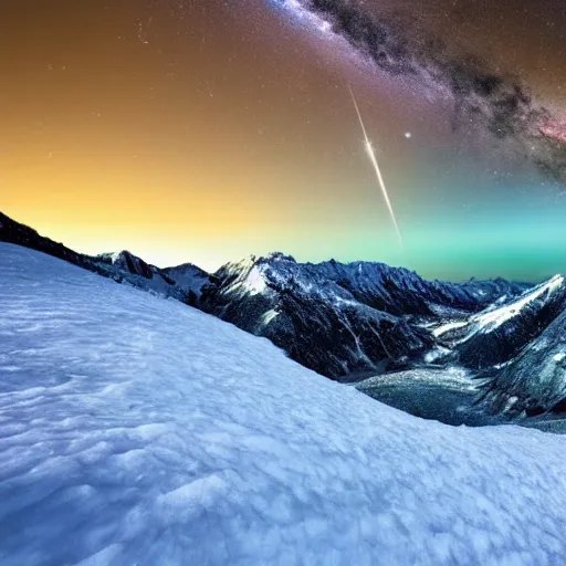 Image similar to Galactic arch, snowy mountains and lakes, in the style of National Geographic magazine, astronomical photography