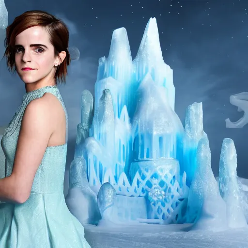 Image similar to Emma Watson the Queen of Ice Castle, highest detail