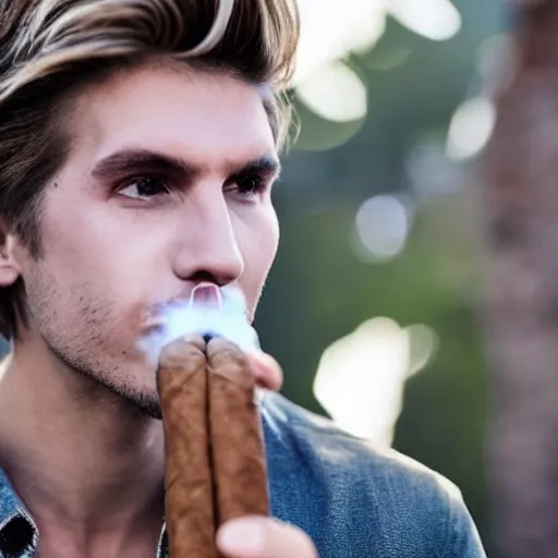 Image similar to a closeup photo of handsome gigachad xqc elrubius smoking a cigar