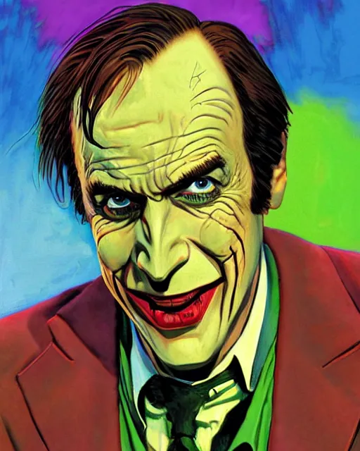 Image similar to portrait of saul goodman as the joker, colorful, art by makoto shinkai and peter elson, bernie wrightson