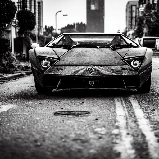 Prompt: black and white press photograph of a rusted abandoned lamborghini on a busy street, detailed, natural light, mist, film grain, soft vignette, sigma 5 0 mm f / 1. 4 1 / 1 0 sec shutter, imax 7 0 mm footage