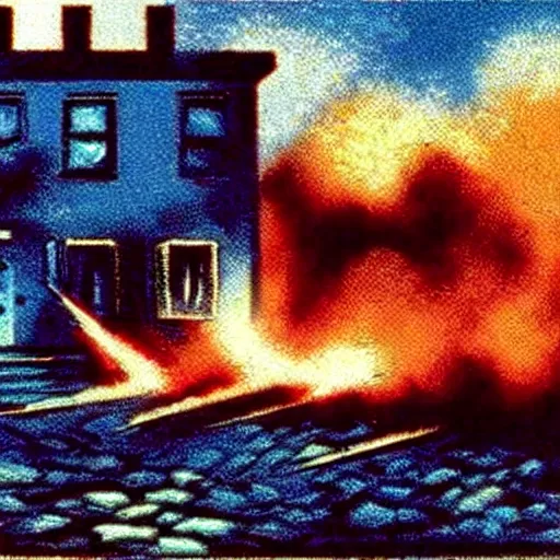 Image similar to color photo from the 80s, the shelling of a house in New York by Soviet soldiers, epic style, a bunch of explosions, realistic style