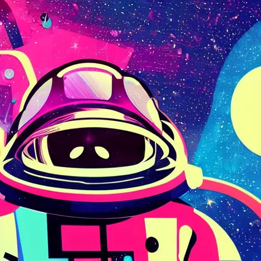 Image similar to Medium shot of an astronaut relaxing in space designed by Jack Kirby, digital art, cartoon art, acrylic, bokeh, synthwave, retro,