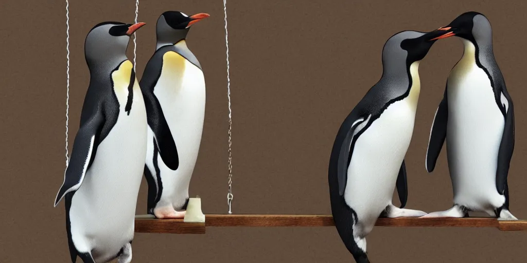 Image similar to realistic penguin sitting on a swing, hyper detailed, trending on artstation